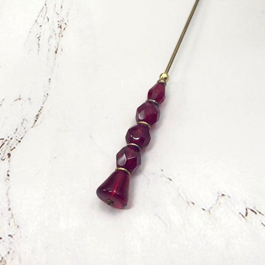 Ruby Red Faceted Glass Crystal Stacked Bead Hatpin Gold Tone Accents • 6 Inch