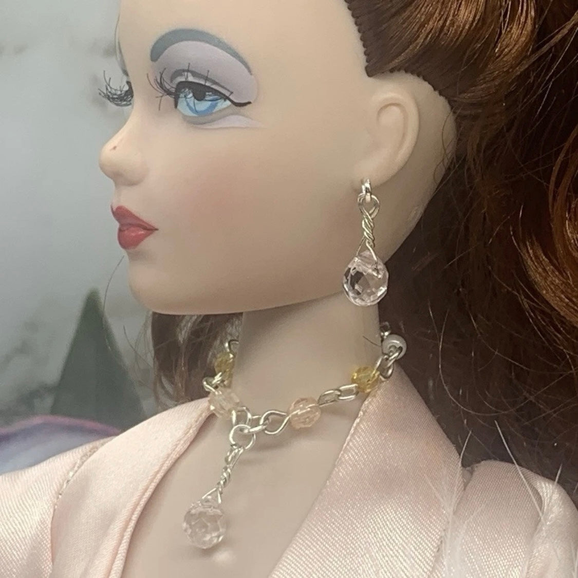 Crystal Acrylic Dangle Doll Necklace Earrings Set • 16” Fashion Doll Jewelry