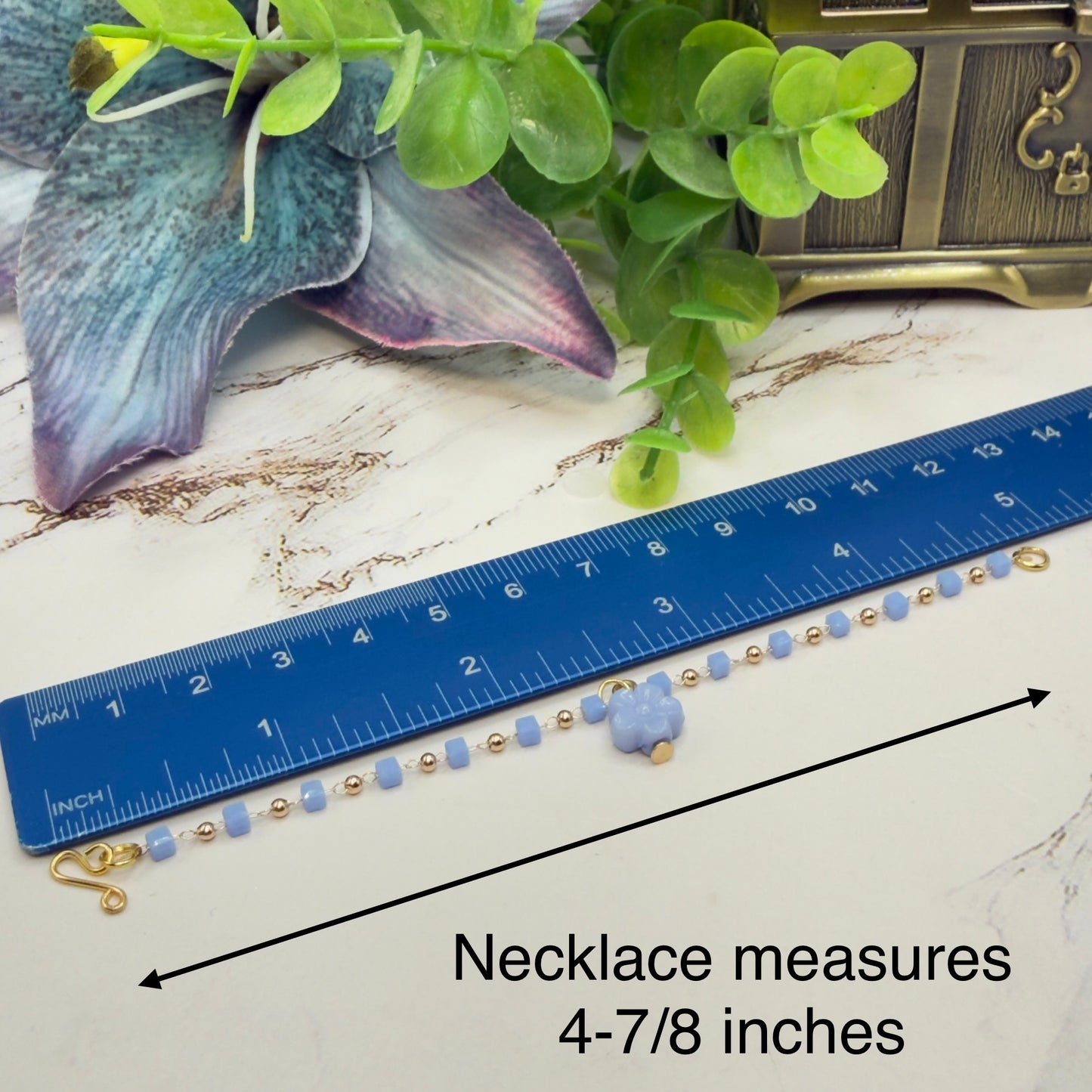 Blue Flower Charm Blue Square & Gold Beaded Doll Necklace • 14 Inch Fashion Doll Jewelry