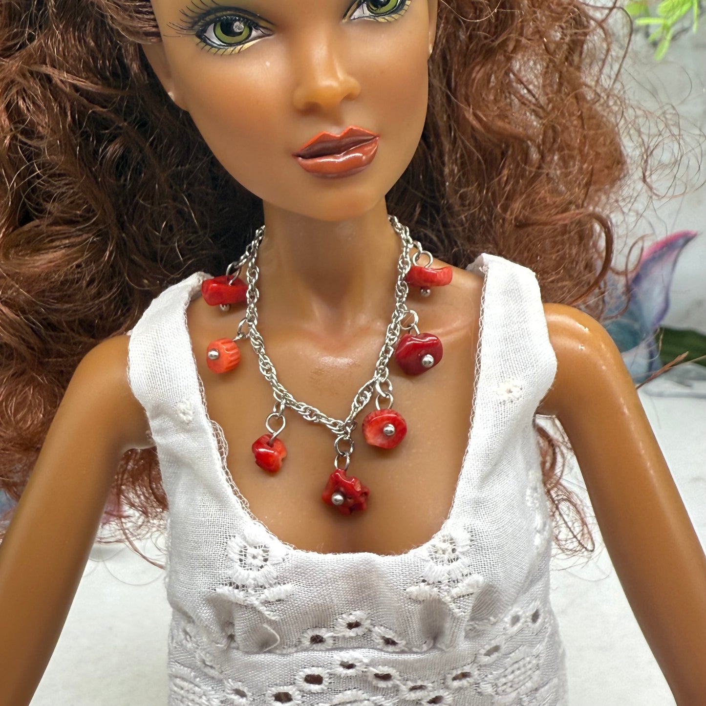 Red Stone Dangles Silver Chain Doll Necklace • 16 Inch Fashion Doll Jewelry
