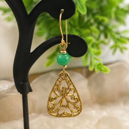 Gold Tone Filigree Design Green Glass Accent Dangle Earrings • Handmade Jewelry