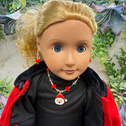 Red & Clear Acrylic Beads Santa Charm Gold Doll Necklace and Earrings Set • 18 Inch Fashion Doll Jewelry