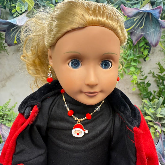 Red & Clear Acrylic Beads Santa Charm Gold Doll Necklace and Earrings Set • 18 Inch Fashion Doll Jewelry