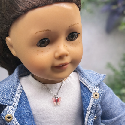 Coral Red Brown Gradient Butterfly Charm Silver Doll Necklace • 18 Inch Fashion Doll Jewelry