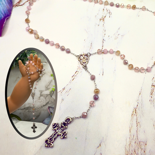 Multi Tone Pink Mauve Glass Beaded Catholic Rosary Doll Size 18-22” Fashion or Vintage Doll