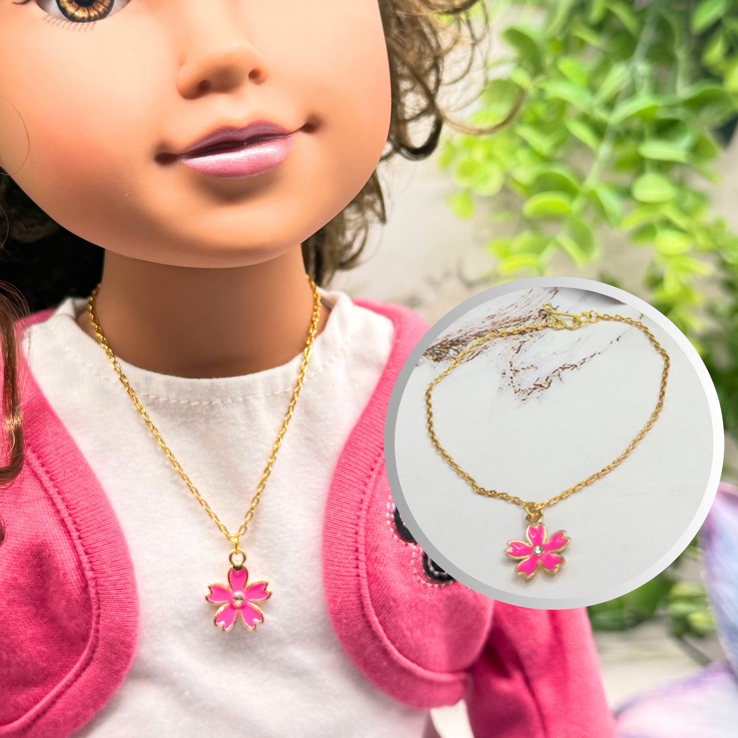 Pink Flower Charm Rhinestone Center Gold Doll Necklace • 18 Inch Fashion Doll Jewelry