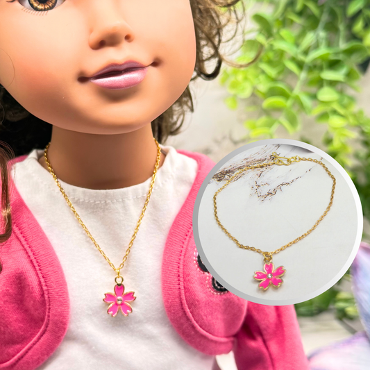 Pink Flower Charm Rhinestone Center Gold Doll Necklace • 18 Inch Fashion Doll Jewelry