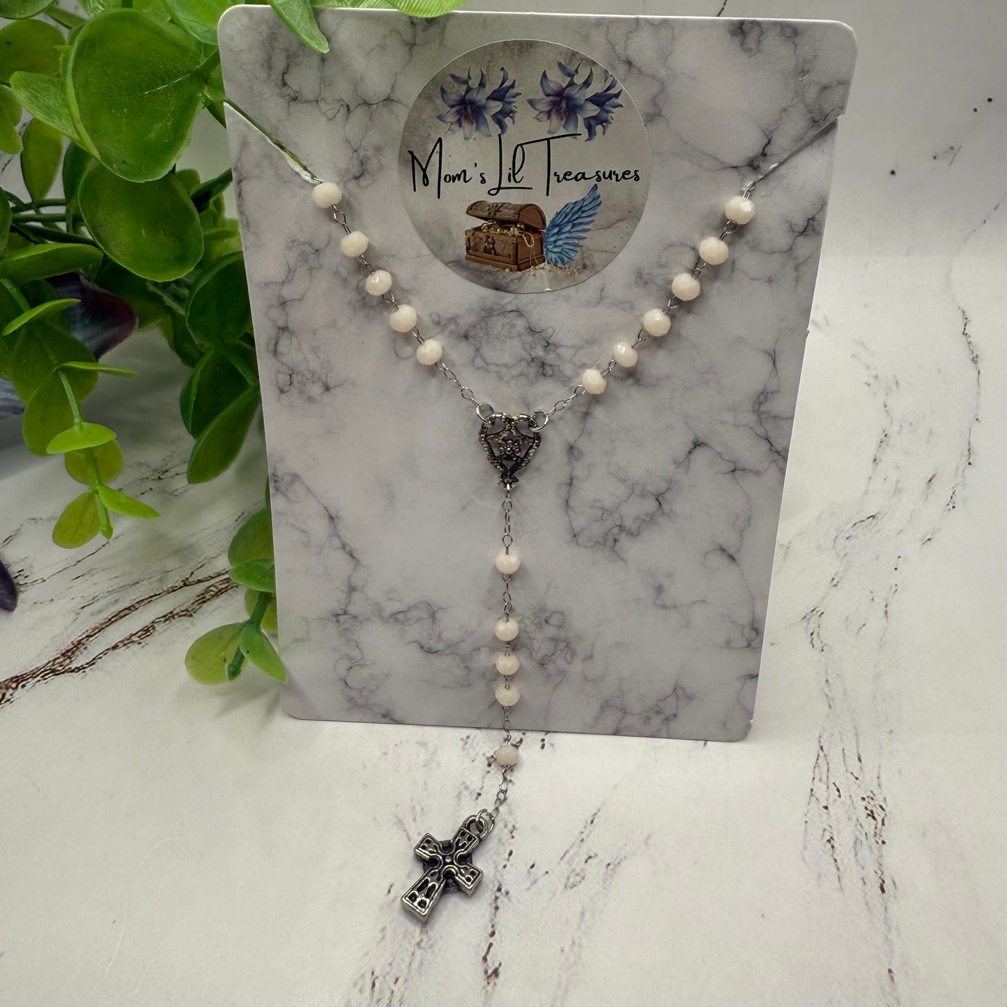 Cream Color - Off White Glass Crystal Beaded Silver Cross • Doll Size Catholic Rosary for 18-22” Fashion or Vintage Dolls