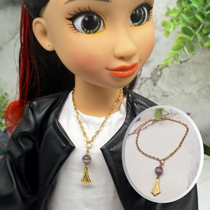 Mauve Purple Gold Fan Filigree Pendant Doll Necklace • 18 Inch Fashion Doll Jewelry