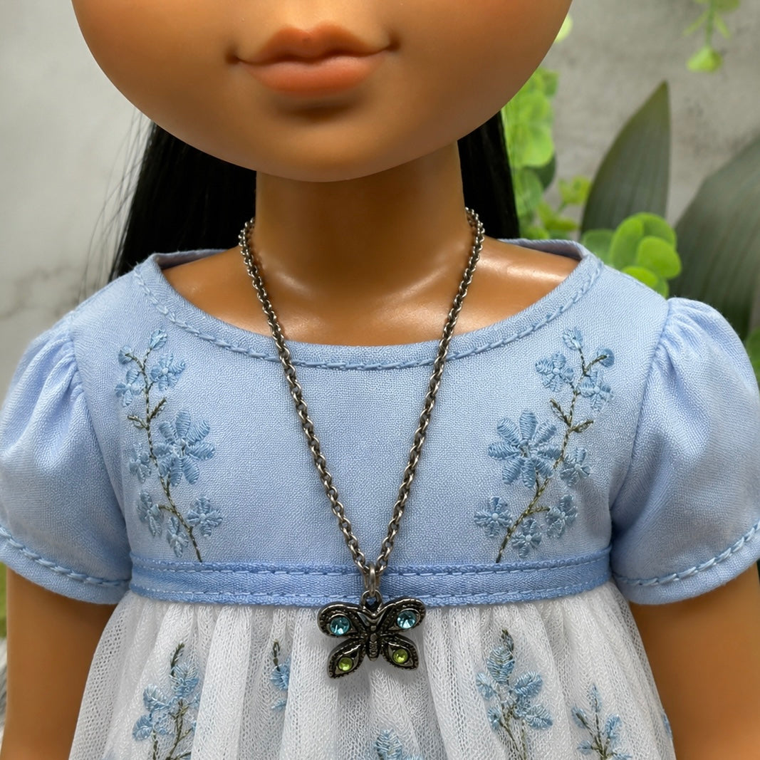 Butterfly Green Blue Rhinestone Pendant Gun Metal Silver Doll Necklace • 14 Inch Fashion Doll Jewelry