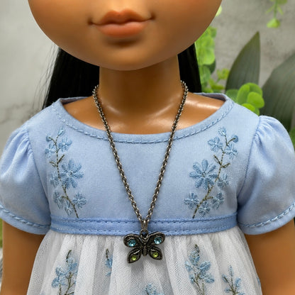 Butterfly Green Blue Rhinestone Pendant Gun Metal Silver Doll Necklace • 14 Inch Fashion Doll Jewelry