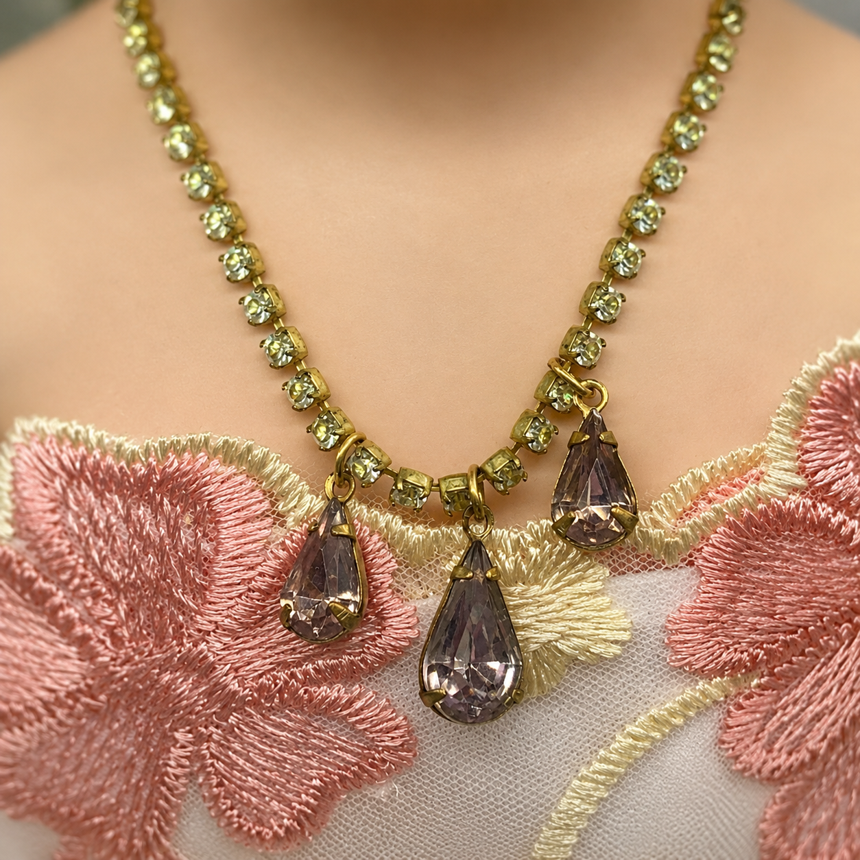 Teardrop Rhinestone Gold Doll Necklace Earrings Set 18-22” Vintage Doll Jewelry
