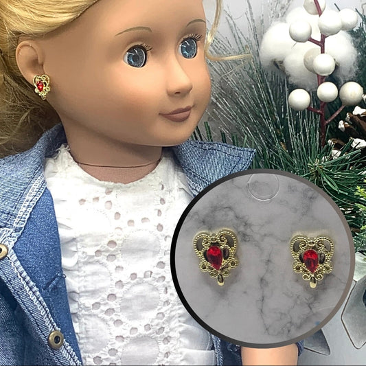 Gold Filigree Red Rhinestone Heart Post Doll Earrings • 18 Inch Doll Jewelry
