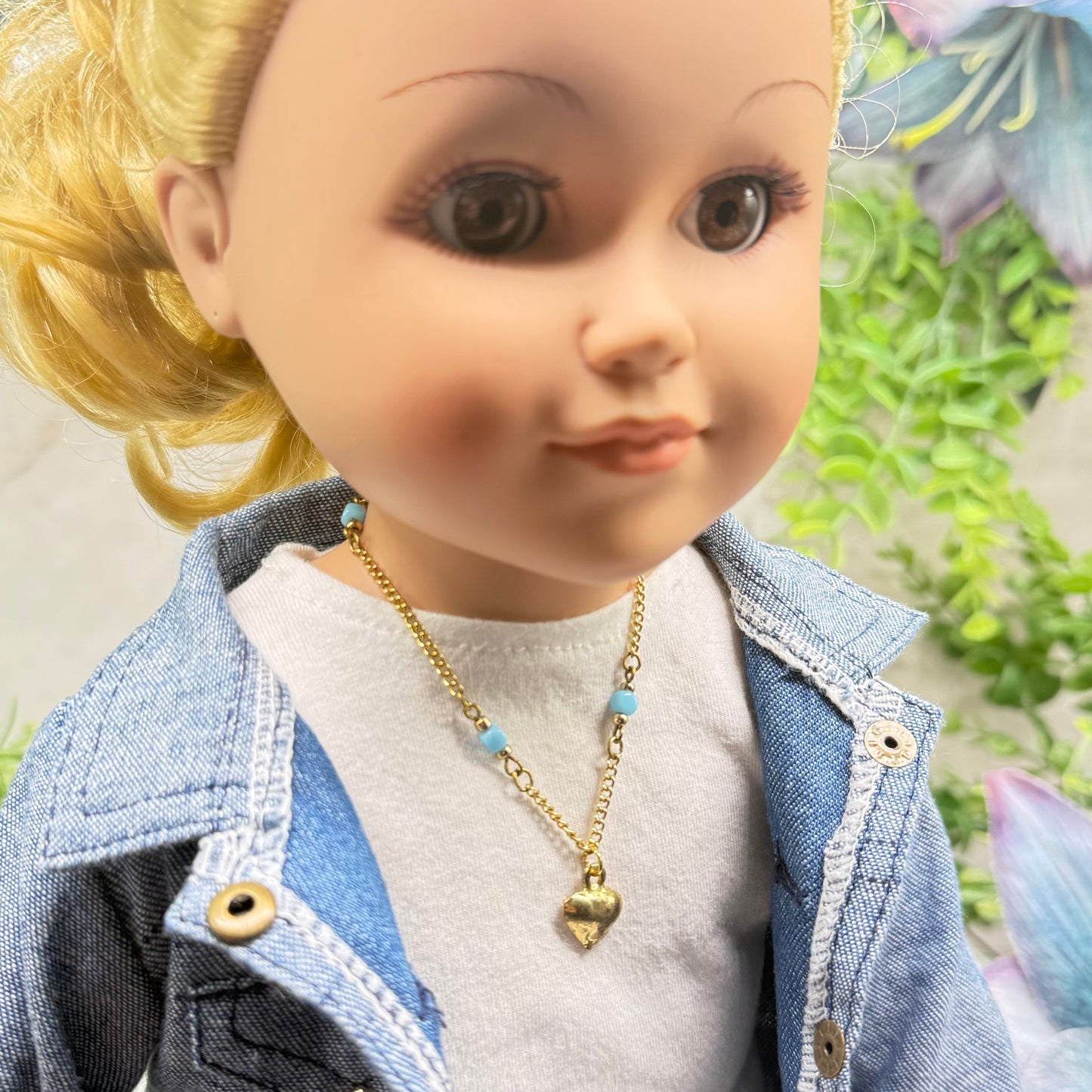 Blue Glass Bead Gold Chain Heart Charm Doll Necklace • 18 Inch Fashion Doll Jewelry