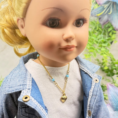 Blue Glass Bead Gold Chain Heart Charm Doll Necklace • 18 Inch Fashion Doll Jewelry