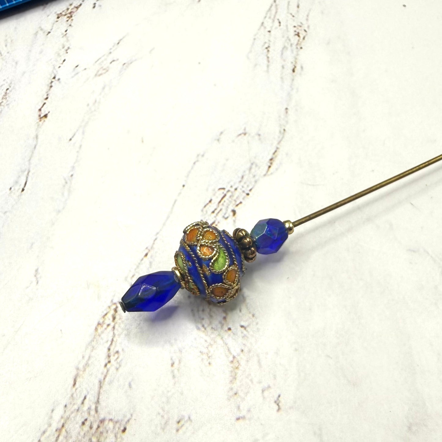 Cobalt Blue Crystal Bright Color Floral Swirl Design Cloisonné - 6 Inch • Hatpin - Stick Pin