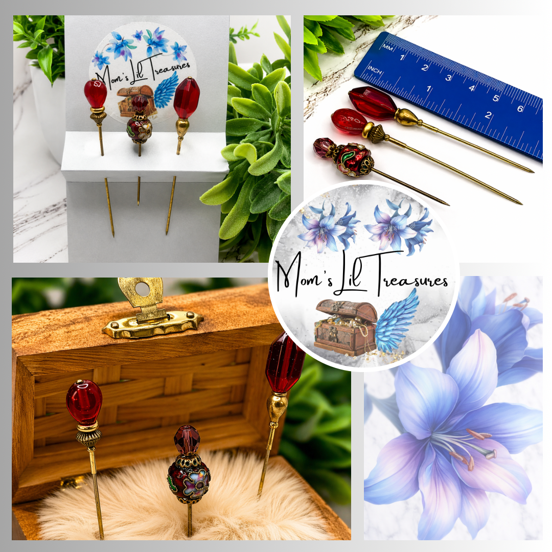 Red Glass Cloisonné Set of 3 • Stick Pins, Hatpins, Sewing pins, Gifts for Her
