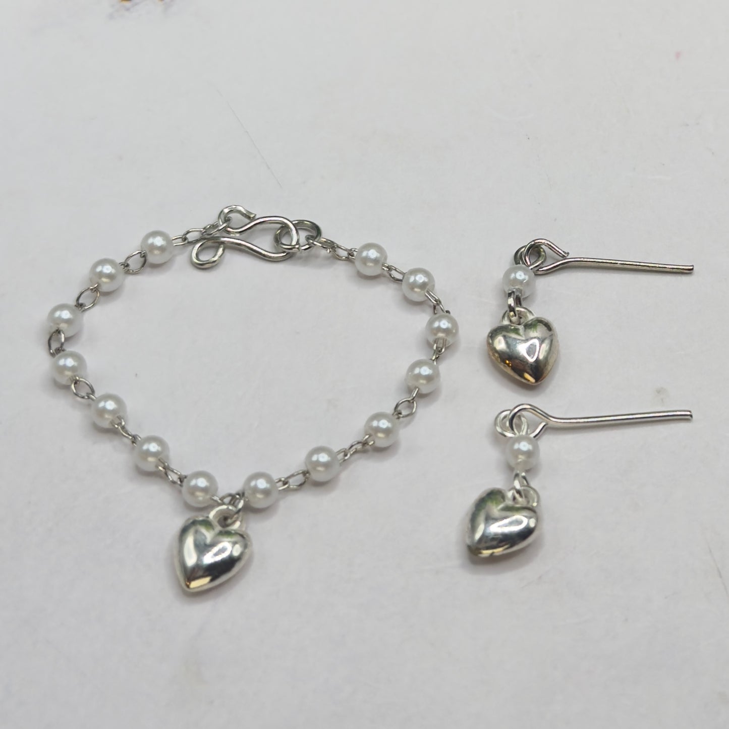 Pearl Beaded Silver Heart Charm Doll Necklace & Earrings • 16 Inch Fashion Doll Jewelry