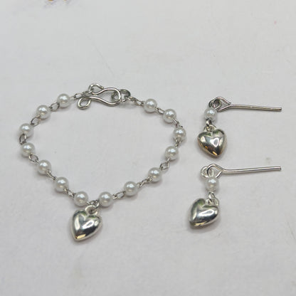 Pearl Beaded Silver Heart Charm Doll Necklace & Earrings • 16 Inch Fashion Doll Jewelry