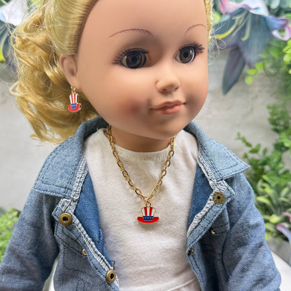 Red White Blue Patriotic Top Hat Charm Doll Necklace & Earrings for 18 Inch Fashion Doll