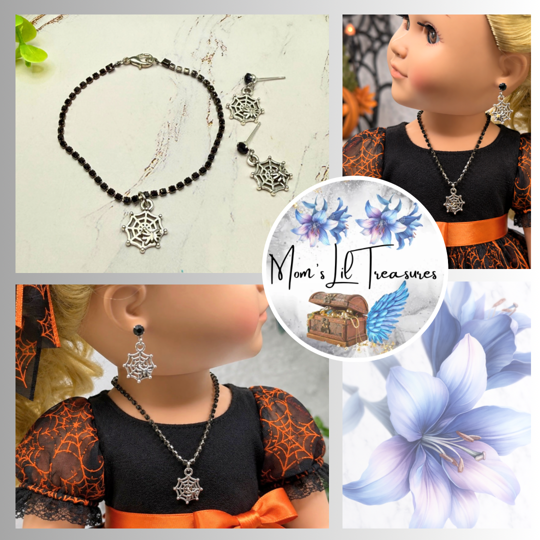 Halloween Silver Spider Web Black Rhinestone Necklace & Earrings Set | for 18 Inch Fashion Doll
