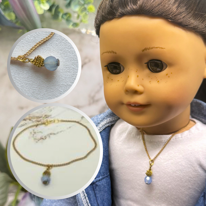 Light Blue Glass Drop Charm Gold Chain Doll Necklace • 18 Inch Fashion Doll Jewelry