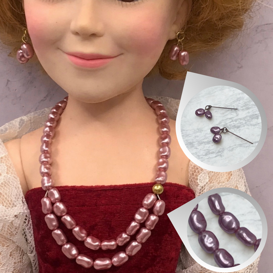 Light Purple Pearl Doll Necklace Earring Set • 18-22 Inch Vintage Doll Jewelry