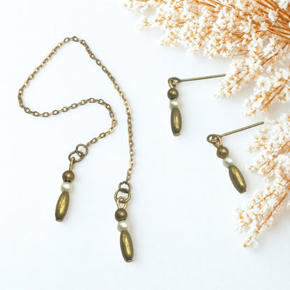 Brass Bronze Pearl Drop Wrap Doll Necklace / Belt & Earrings • 10-12 Inch Fashion Doll Jewelry 1:6