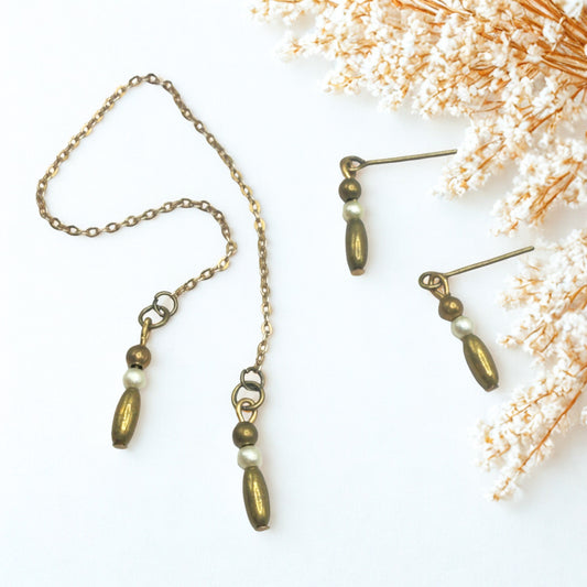 Brass Bronze Pearl Drop Wrap Doll Necklace / Belt & Earrings • 10-12 Inch Fashion Doll Jewelry 1:6