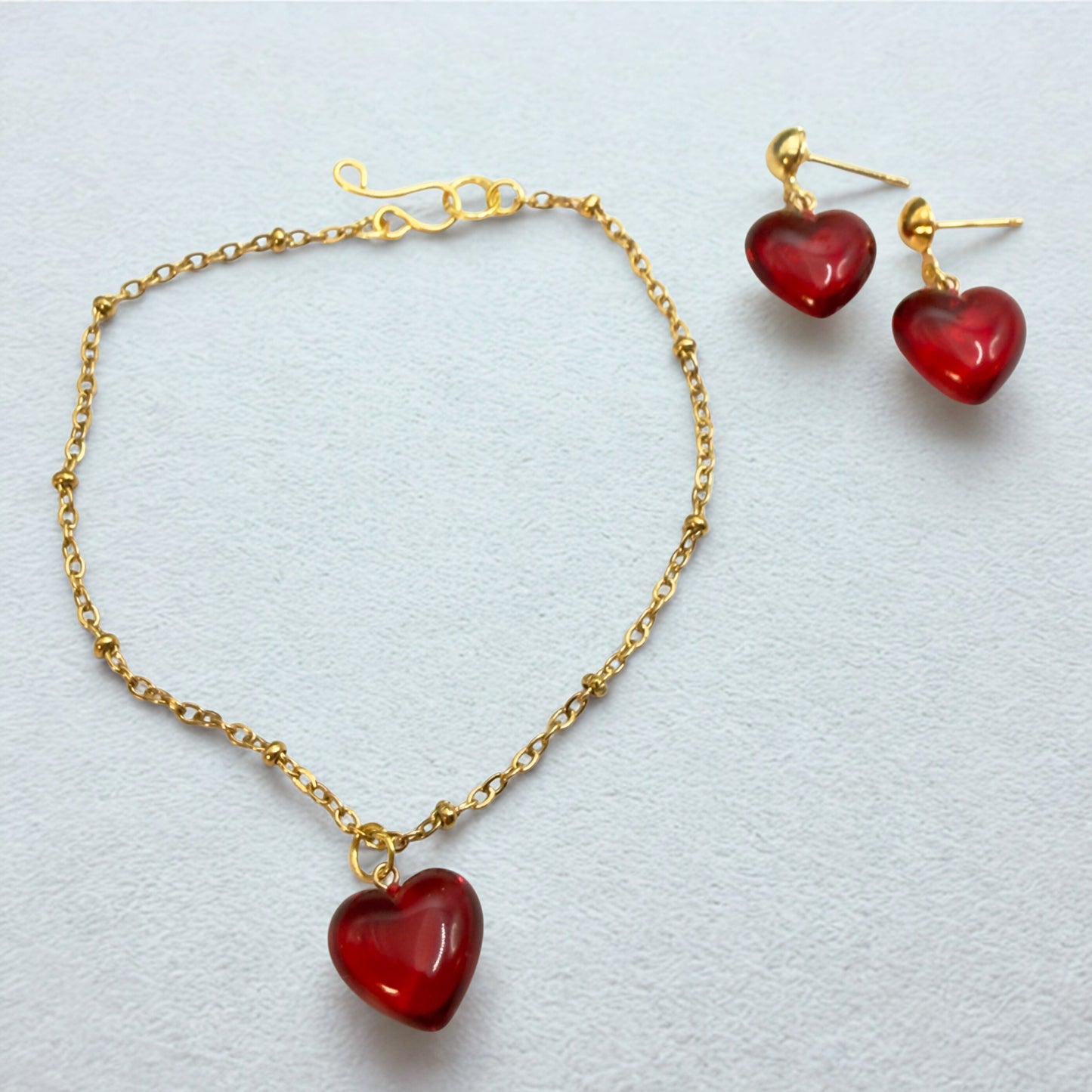 Burgundy Red Heart Charm Gold Chain Doll Necklace & Earrings Set • 18 Inch Fashion Doll Jewelry