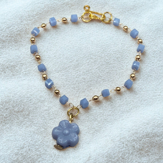 Blue Flower Charm Blue Square & Gold Beaded Doll Necklace • 14 Inch Fashion Doll Jewelry