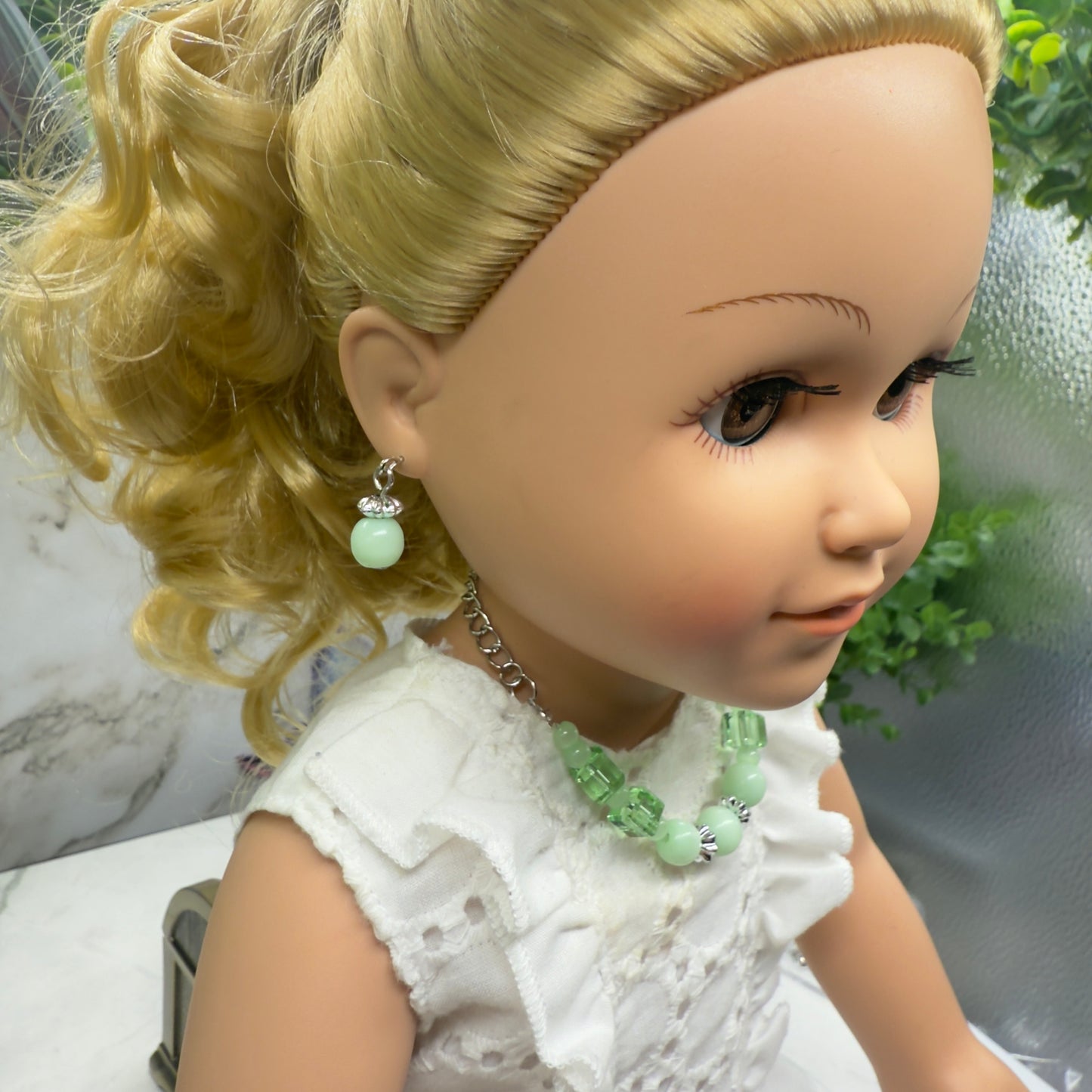 Light Green Glass Beaded Silver Chain Doll Necklace • 18 Inch Fashion Doll Jewelry