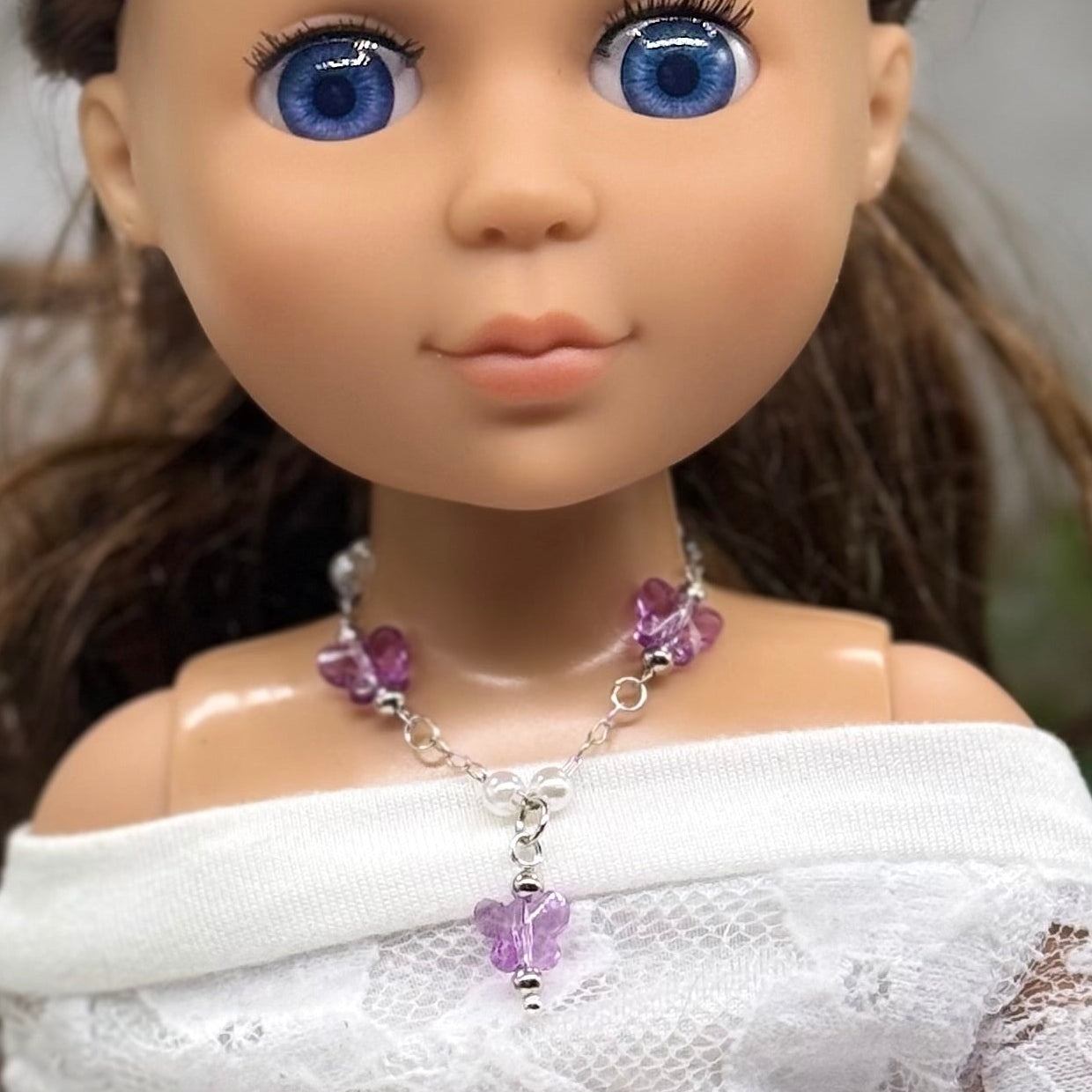 Purple Acrylic Crystal Butterfly & Pearl Silver Chain Doll Necklace for 14 Inch Fashion Dolls