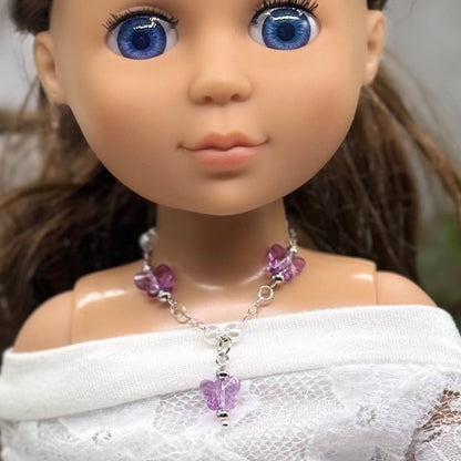 Purple Acrylic Crystal Butterfly & Pearl Silver Chain Doll Necklace for 14 Inch Fashion Dolls