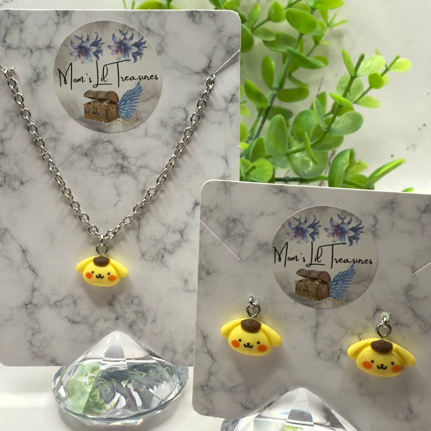 Pompompurin Sanrio Dog Charm Doll Necklace & Earrings Set • 18 Inch Fashion Doll Jewelry