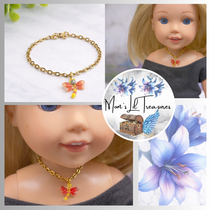 Yellow Orange Dragonfly Charm Gold Chain Doll Necklace • 14 Inch Fashion Doll Jewelry