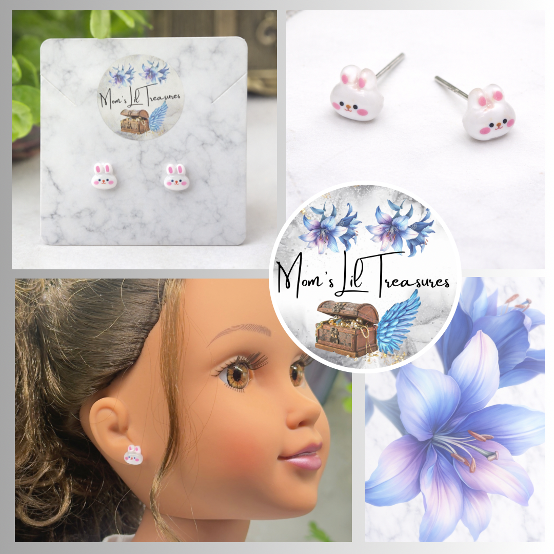 White Pink Bunny Easter Post Doll Earrings • 18 Inch Fashion Doll Jewelry