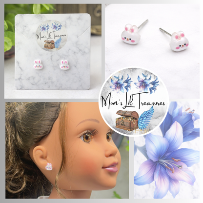 White Pink Bunny Easter Post Doll Earrings • 18 Inch Fashion Doll Jewelry