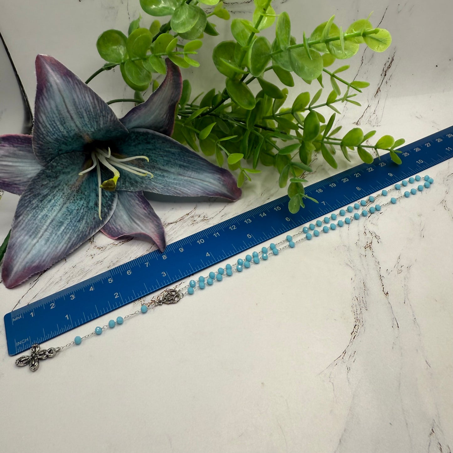 Turquoise Blue Glass Crystal Beaded Silver Chain & Cross • Doll Size Catholic Rosary for 18-22” Fashion or Vintage Dolls