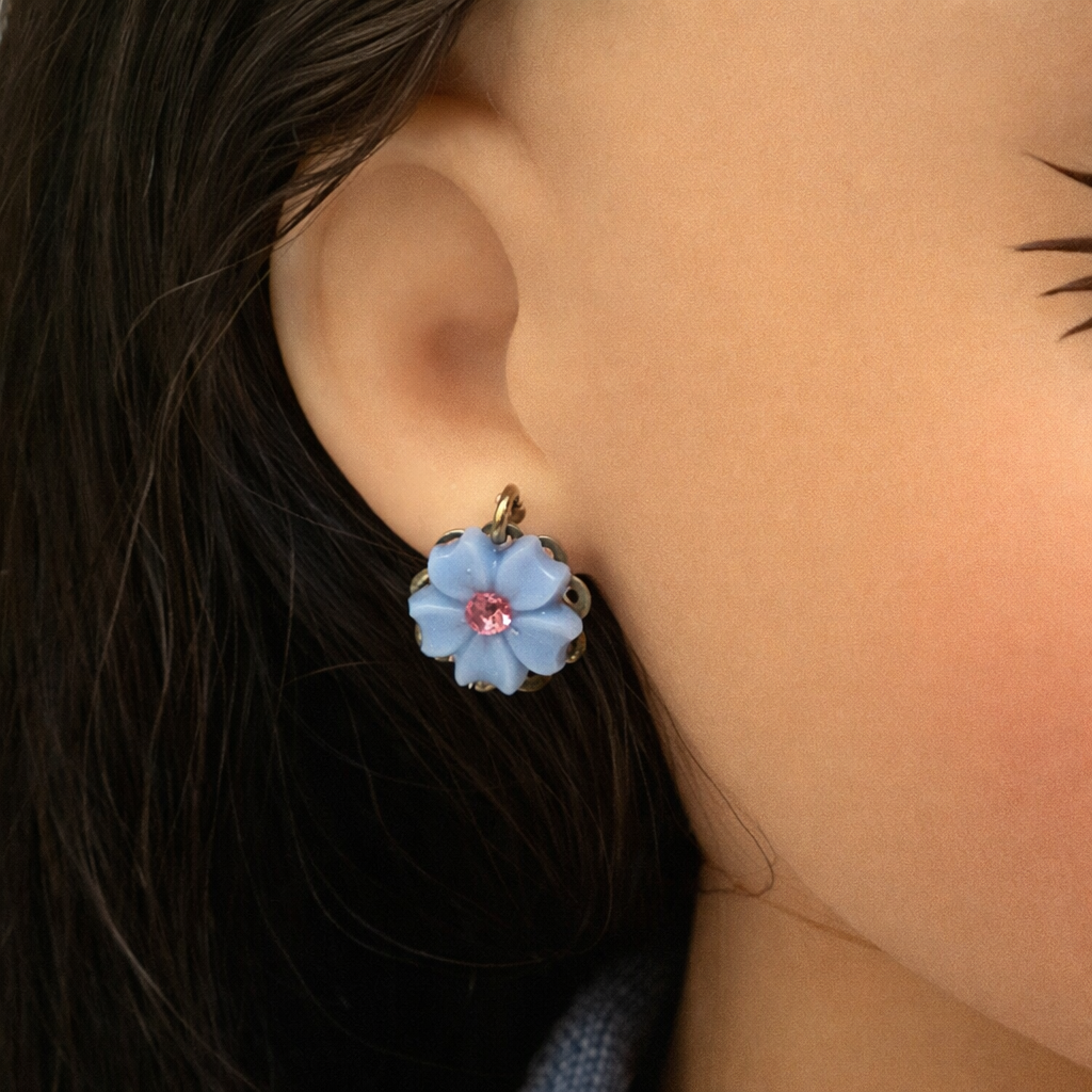 Light Blue Flower Pink Rhinestone Dangle Doll Earrings • 18 Inch Doll Jewelry