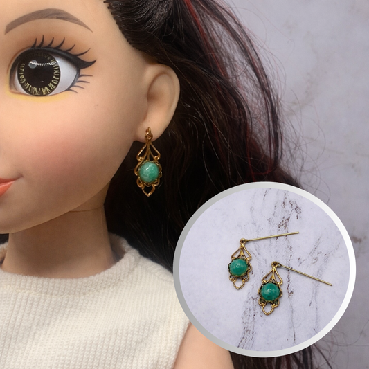 Gold Filigree Green Center Dangle Doll Earrings • 18 Inch Fashion Doll Jewelry
