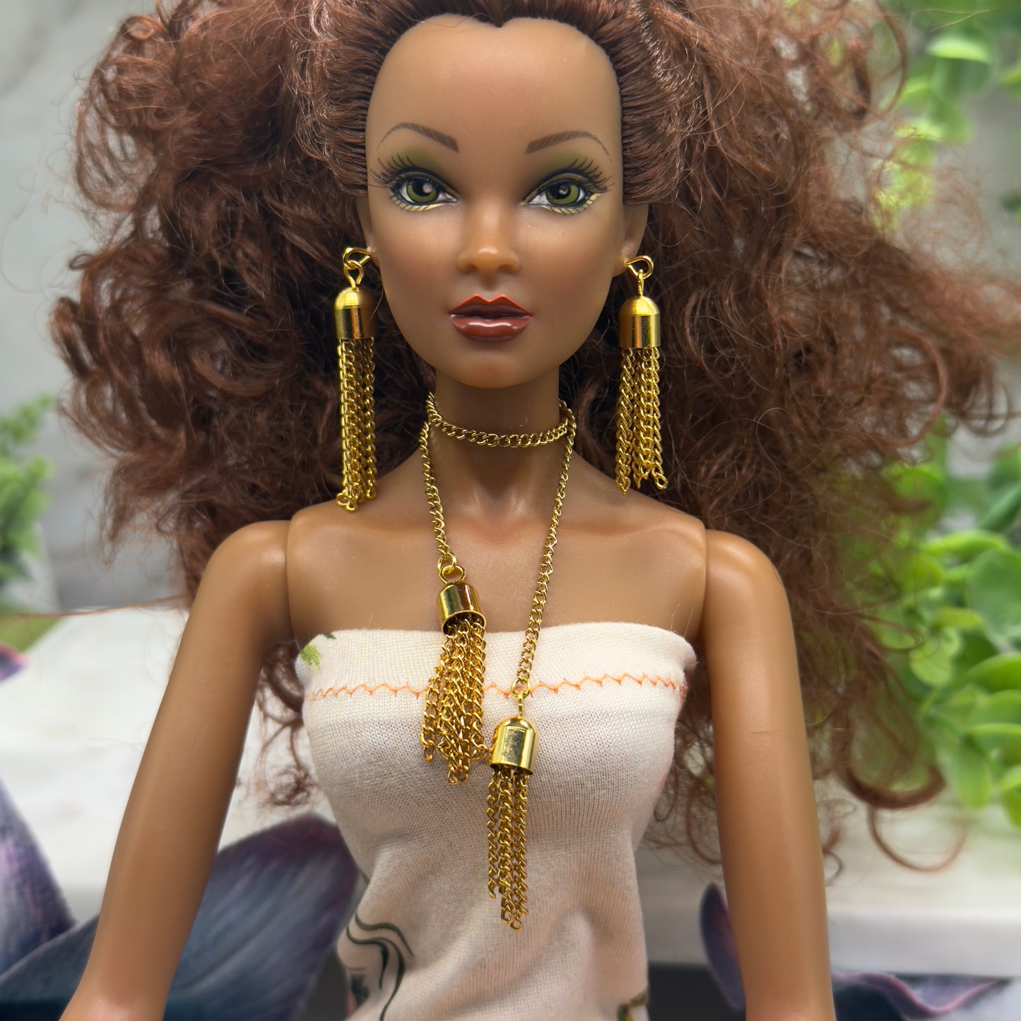 Gold Chain Tassel Wrap Doll Necklace Earring Set • 16 Inch Doll Jewelry