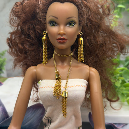 Gold Chain Tassel Wrap Doll Necklace Earring Set • 16 Inch Doll Jewelry