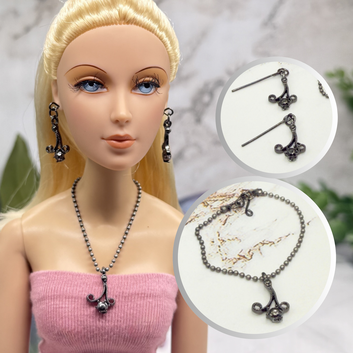 Black Dark Scroll Design Gray Metallic Rhinestone Ball Chain Doll Necklace & Earrings • 16 Inch Fashion Doll Jewelry