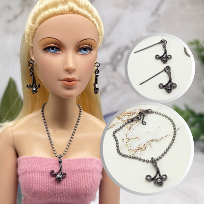 Black Dark Scroll Design Gray Metallic Rhinestone Ball Chain Doll Necklace & Earrings • 16 Inch Fashion Doll Jewelry