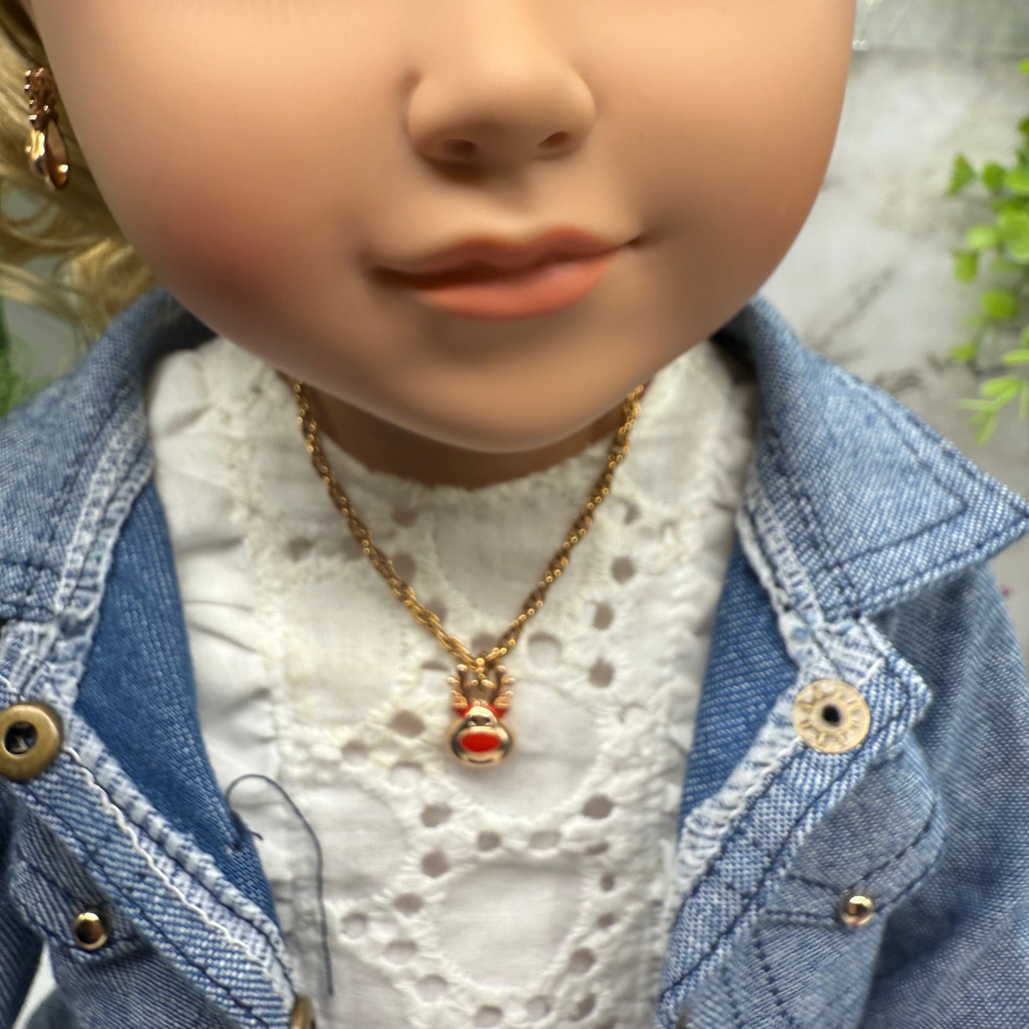 Copper Rose Gold Tone Rudolph Red Nose Reindeer Doll Necklace & Earrings Set • 18 Inch Fashion Doll Jewelry