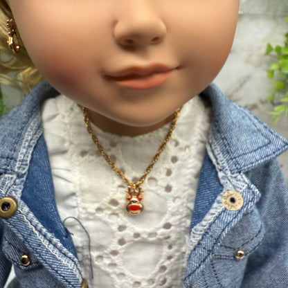Copper Rose Gold Tone Rudolph Red Nose Reindeer Doll Necklace & Earrings Set • 18 Inch Fashion Doll Jewelry