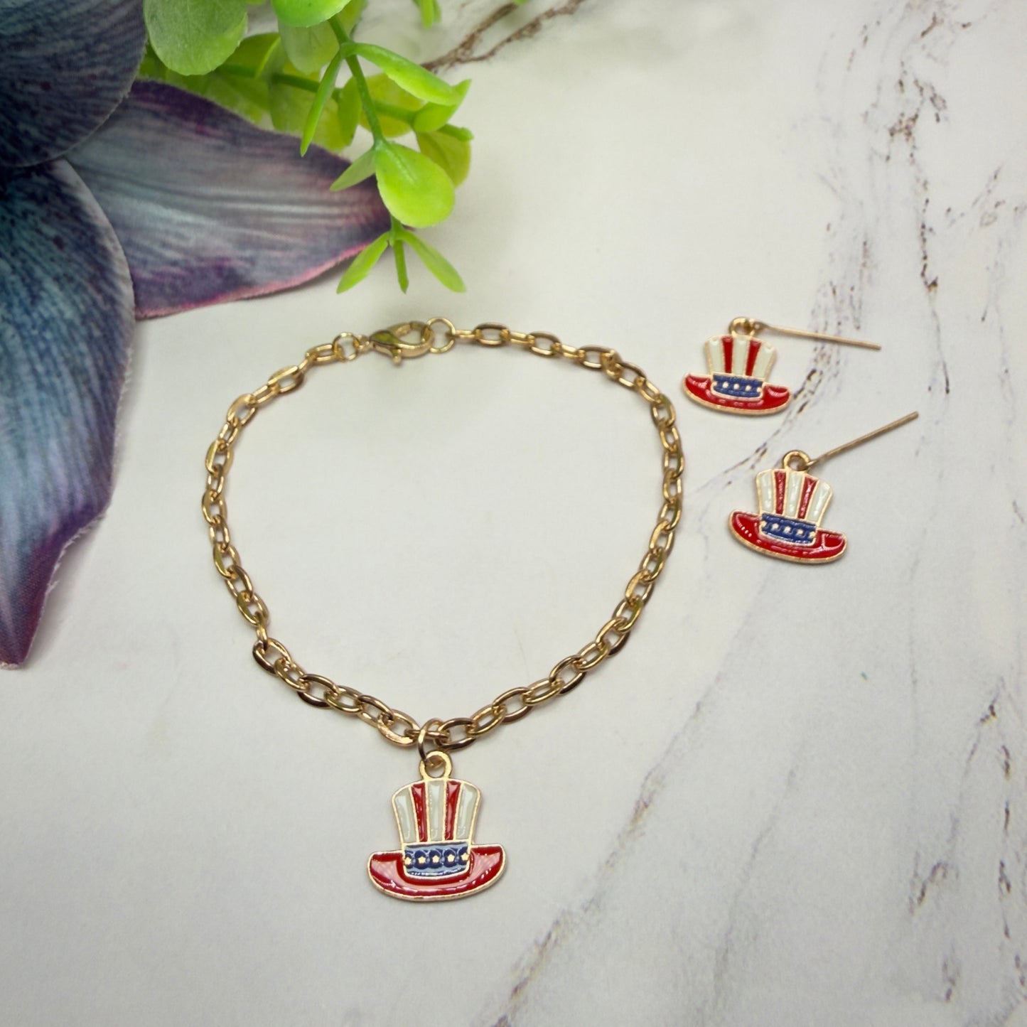 Red White Blue Patriotic Top Hat Charm Doll Necklace & Earrings for 18 Inch Fashion Doll