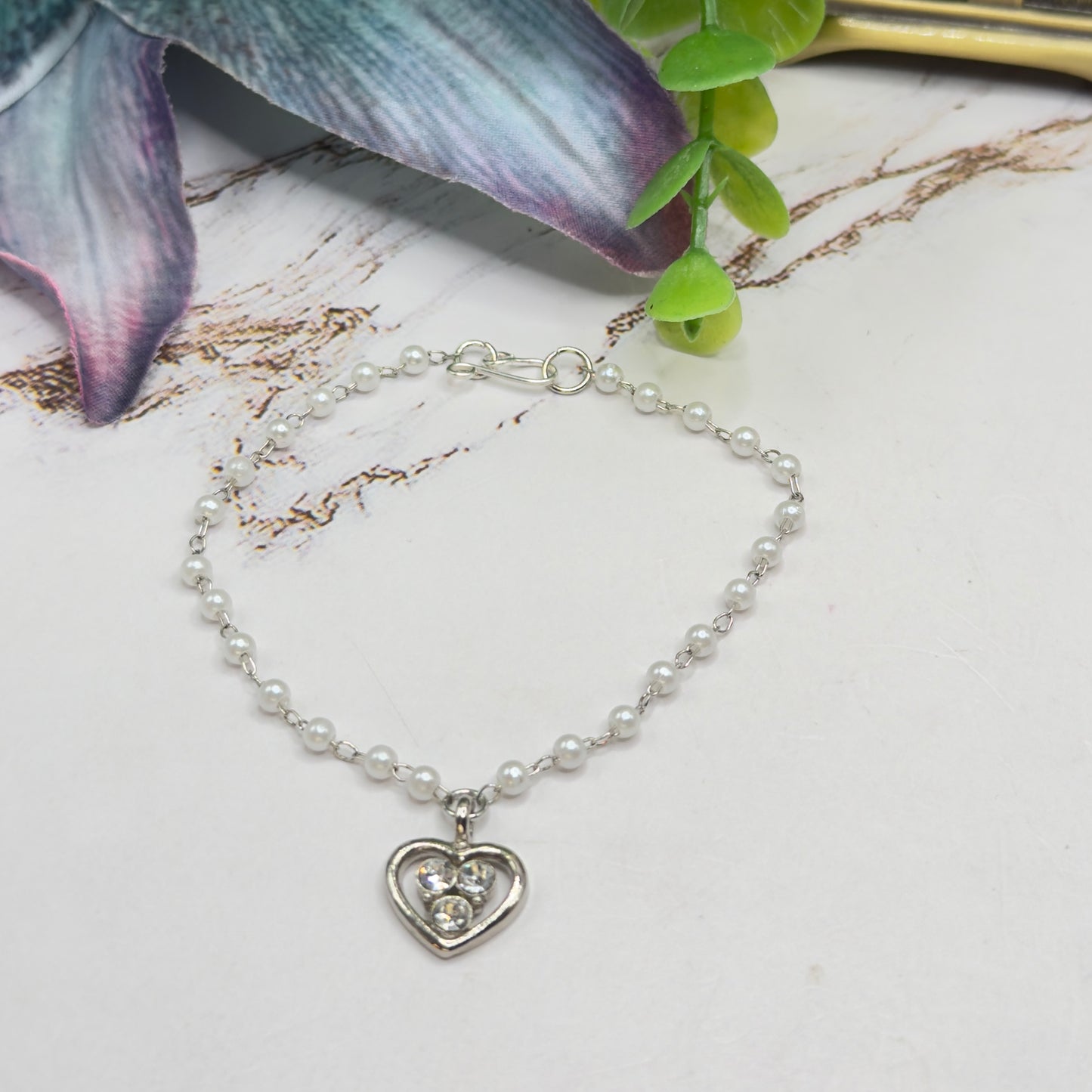 Silver Rhinestone Accented Heart Charm Pearl Beaded Chain Doll Necklace • 18 Inch Fashion Doll Jewelry