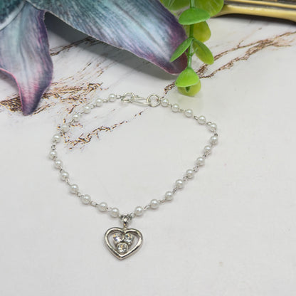 Silver Rhinestone Accented Heart Charm Pearl Beaded Chain Doll Necklace • 18 Inch Fashion Doll Jewelry